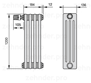 Схема (чертеж) Радиатор Zehnder Charleston 4120/4 №V012 Белый глянцевый RAL 9016
